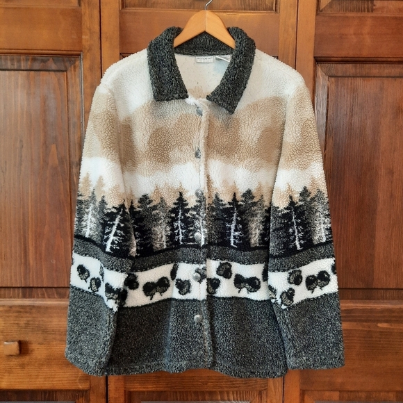 White Stag fuzzy sherpa mountain scene button front teddy jacket coat size XL - Picture 1 of 12
